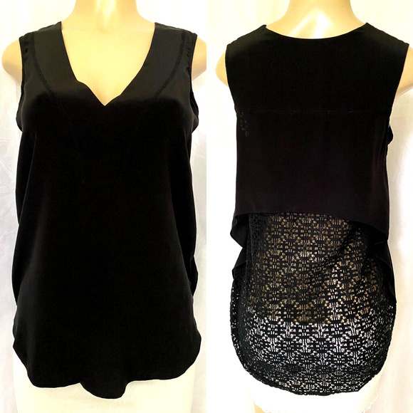Derek Lam 10 Crosby Lace Back Silk Tank Top V Neck Black Sleeveless 0 XS - Picture 1 of 6
